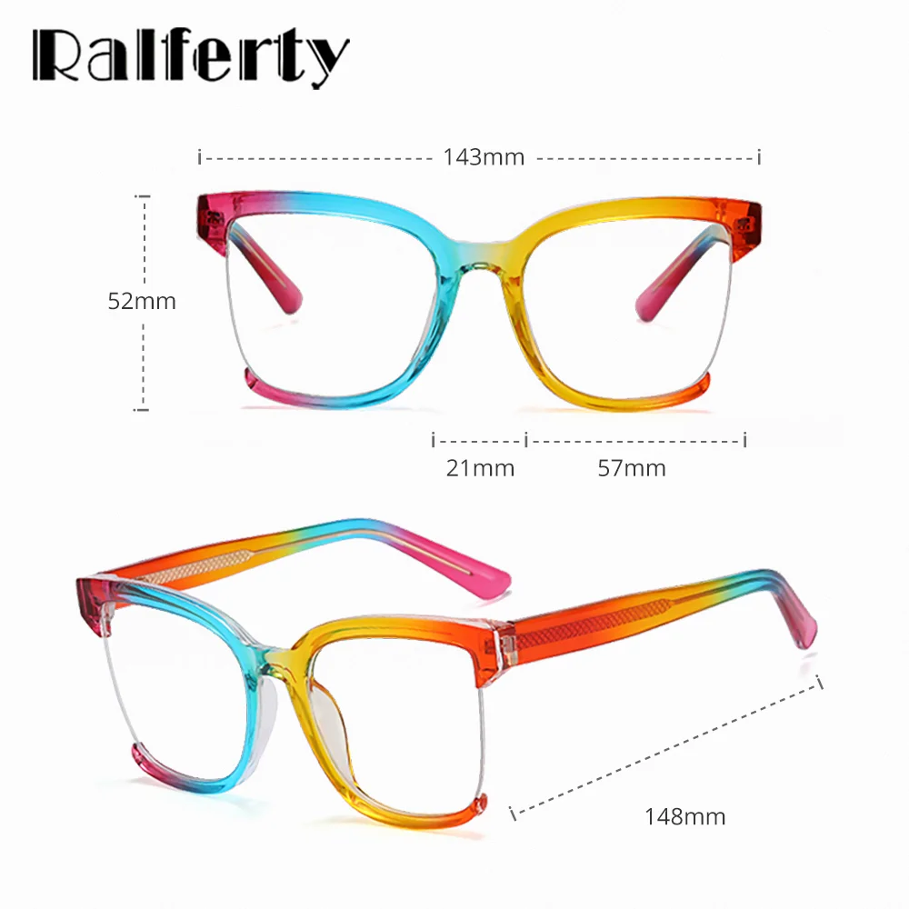 Ralferty Fashion Women\'s Glasses Frame Oversize Rainbow Anti Blue Light Glasses for Women No Diopter Grade Optic Frame Eyeglass
