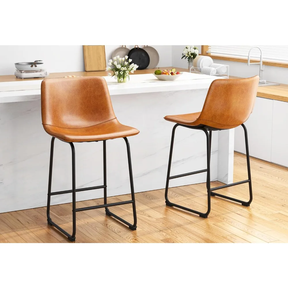 

Bar Stools Set of 2, PU Leather, 26" Modern Bar Stools with Metal Legs and Footrest, Armless Dining Chairs with Backrest