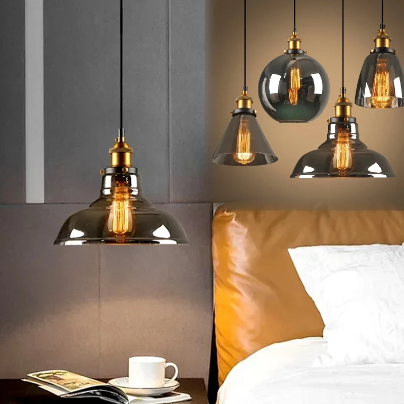DAMIASMIL Vintage Glass Pendant Lamp for Amber Color Hanging Light Luxury Gray Chandelier Lustre Loft Dining Decor E27 Lighting