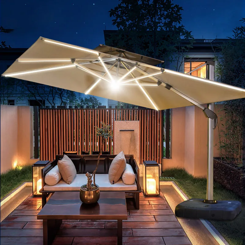 Luxury Patio Umbrellas with Solar Powered light square Aluminum Cantilever Hanging Outdoor furniture Parasol large rain canopy