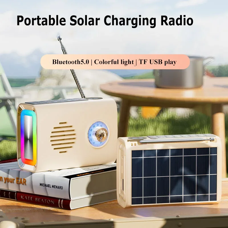 Mini Portable FM Radio Outdoor Solar Charging Radios Bluetooth Speaker with Colorful Light Support Handsfree Call TF Card U Disk