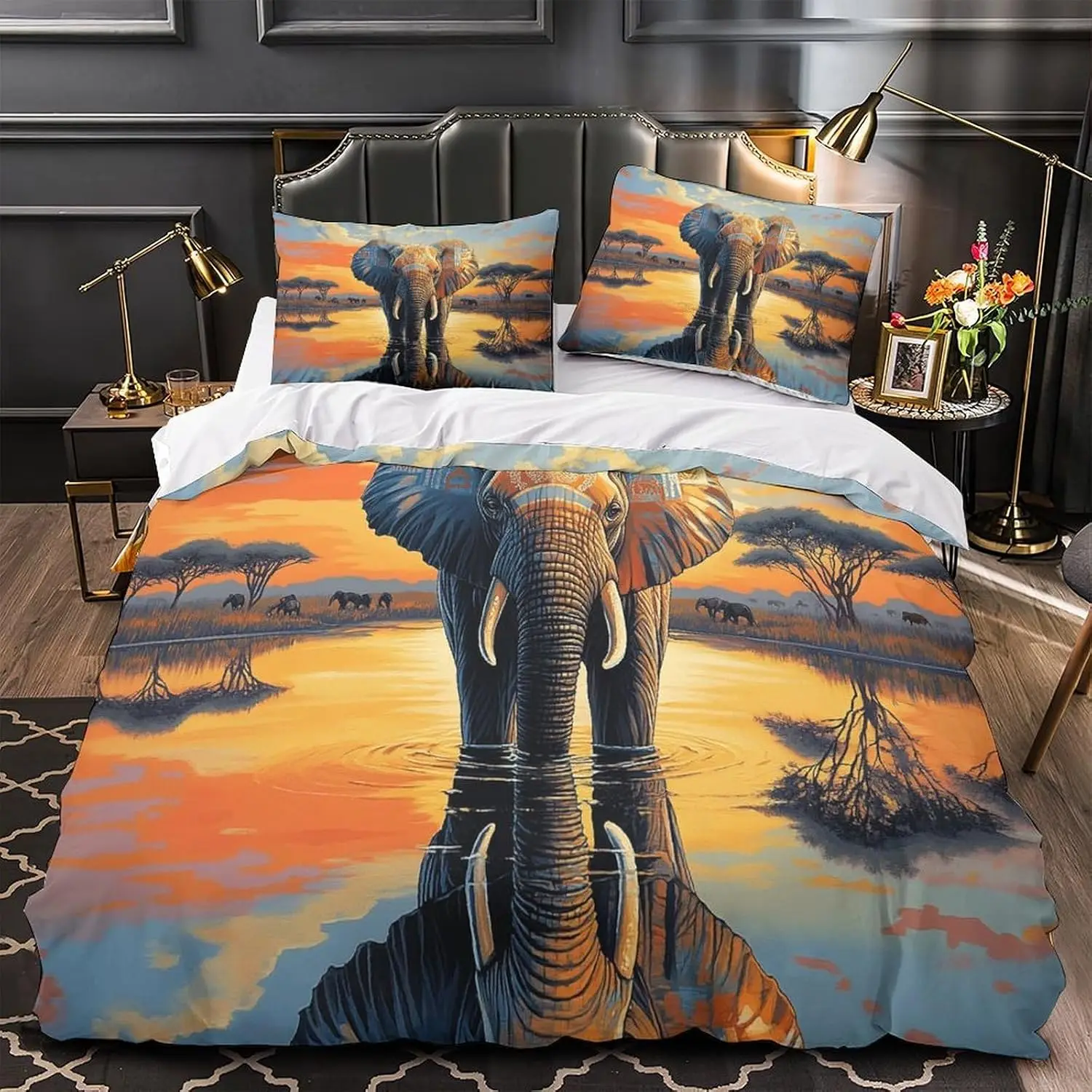 Cute Baby Elephant Comforter Cover All Season Bedding Set Pillowcase,Cartoon Animal Duvet Cover Set Easy Care for Bedroom Decor