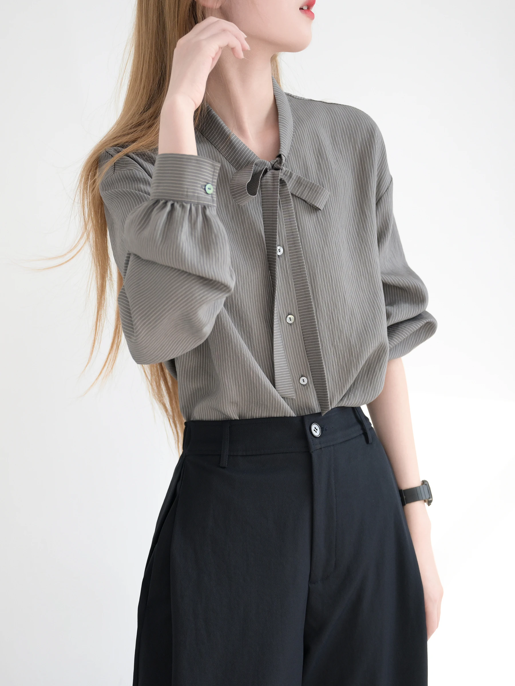 

TRR Sweet Girl Long Sve irt Bow Tie oulder Fit Faionable Age Reduction irt Women's Mod Fiber Spring Season