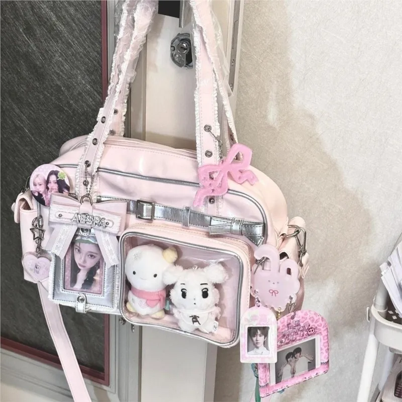 

JIAERDI Sweet Cute Bow Tote Bag Women Color Block Large Capacity Harajuku Y2k Shoulder Bag Ladies Anime Transparent Doll Ita Bag