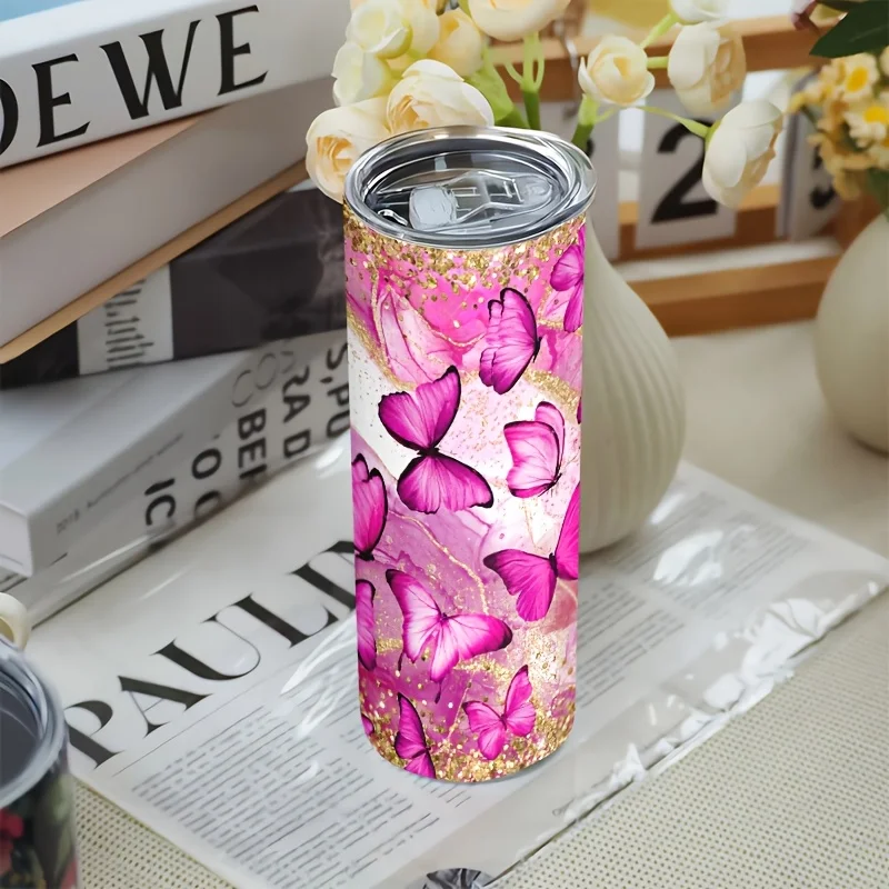 1pc 20oz Exquisite Sequin Butterfly Pattern Portable Insulated Tumbler, a Gift for Mom, Lover, Couples, Sisters, Friends. Comes with Lid and Straw. Stainless Steel. for Hot Water, Ice Cubes, and Beverages. Vacuum Insulated Tumbler, Cold Insulation