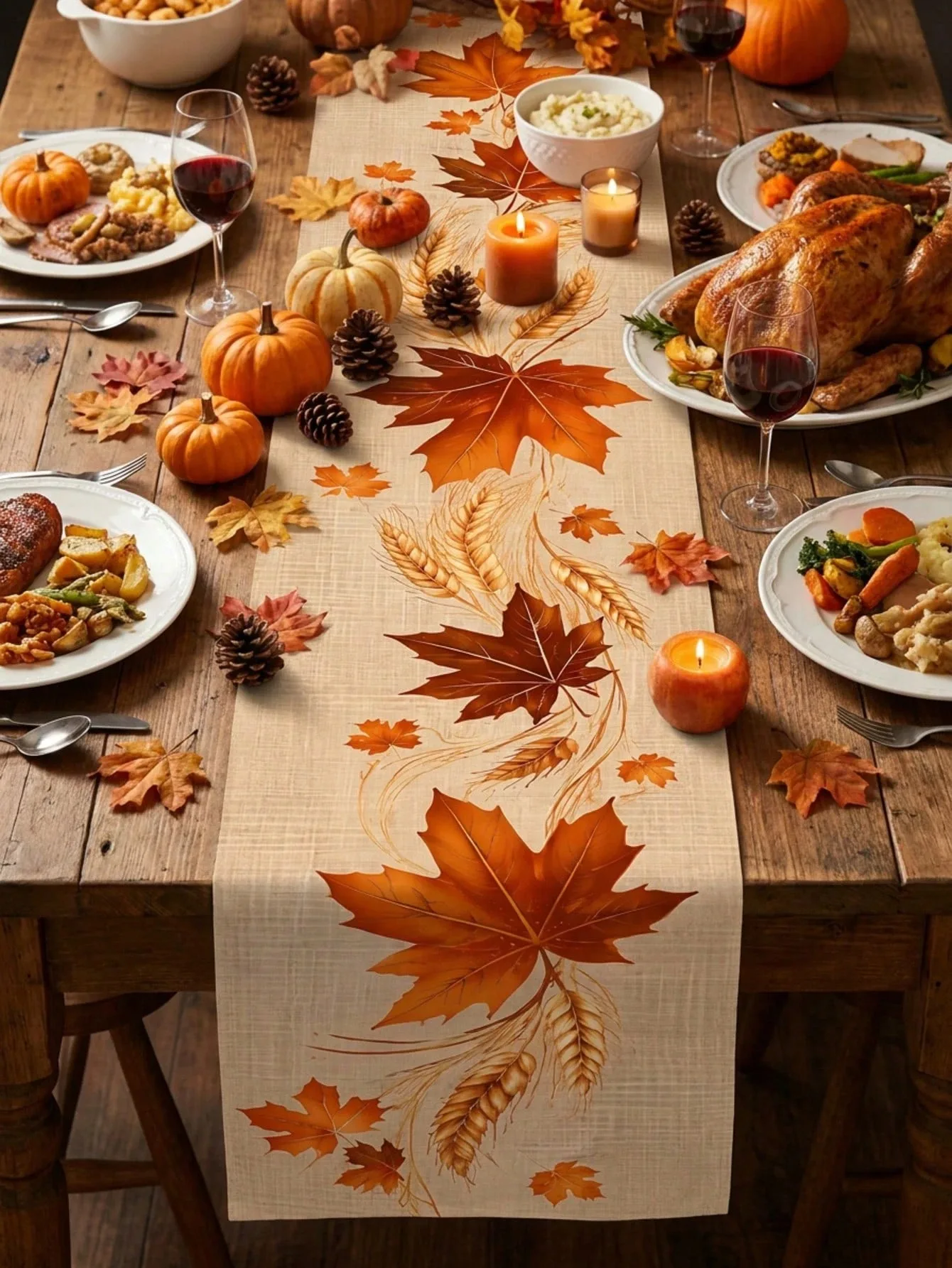 1pc Fall Maple Leaf Wheat Table Runner Linen Multi Size Autumn Harvest Table Decor for Kitchen Dining Room Thanksgiving Party Ho