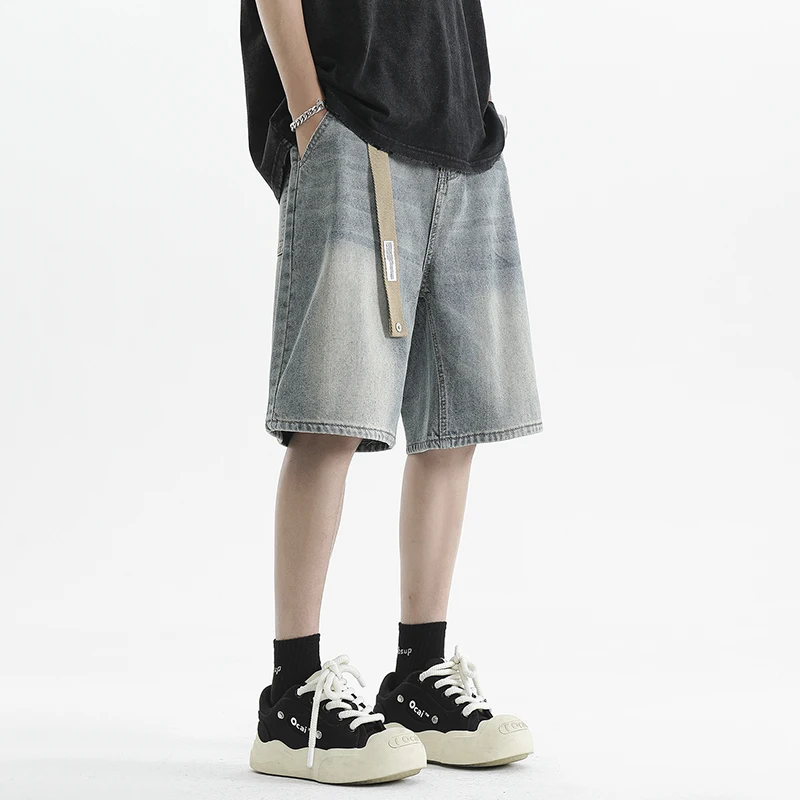 Summer New Men's Vintage Denim Shorts Fashion Ultra-thin Breathable Bermuda Jeans Baggy Casual Male Wide Short Pants (No belt)