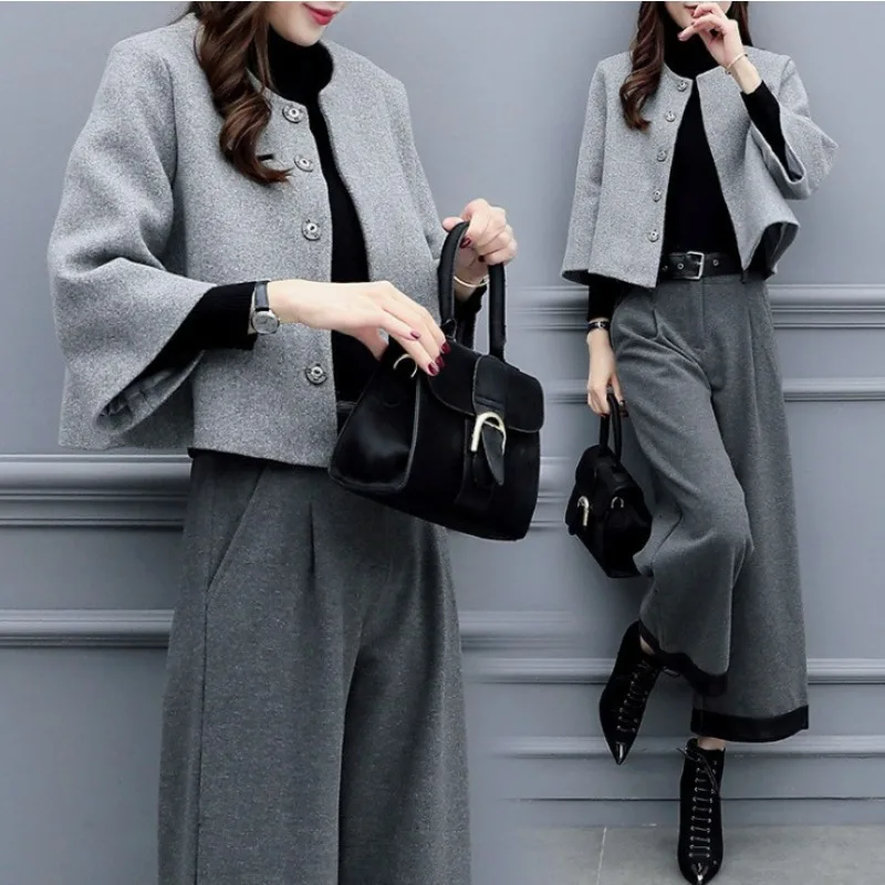 

Winter Thick Pants Set Women Fashion Luxury Commuter Short Round Neck Tweed Jacket Loose Wide-legged Trousers 2pcs Matching Set