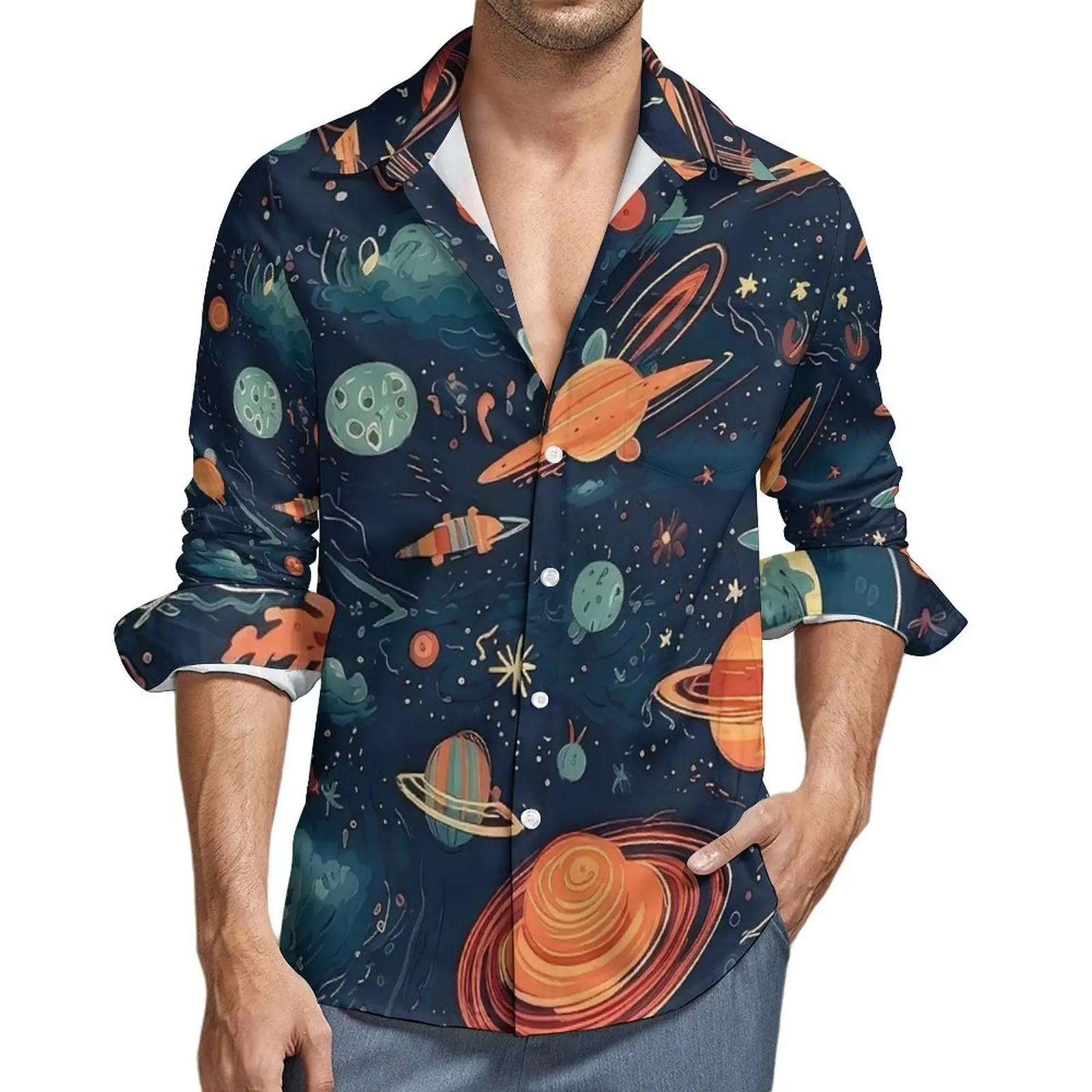 Spring Design Clothing Outer Space Print Blouse Mens Stars Moon Galaxy Shirt Long Sleeve Lapel Loose Comfortable Casual Shirts