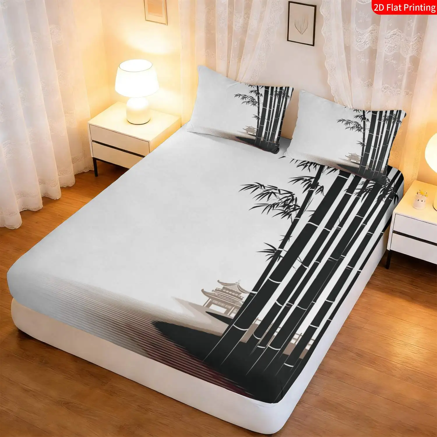 3-Piece Mattress Protector Set, 2D Flat Printed Fitted Sheet, Bamboo and Traditional Pavilion Asian Ink Painting Printed Fitted Sheet with Pillowcase, Bedding, Home Bedroom Decoration, Holiday-Themed Fitted Sheet and Pillowcase, Mattress Protector, Stain-Resistant, Mattress Cover, Suitable for All Seasons, Machine Washable, Easy to Care For, Universal for Home Bedroom, Essential for Dormitories and Rentals, Master Bedroom and Guest Room Decoration, Dust-Proof and Stain-Resistant, High Elasticity, Fits Various Sizes