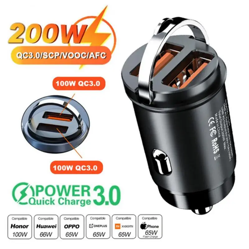 Mini Car Charger Quick Charge 4.0 QC4.0 QC3.0 QC SCP 5A PD Type C 200W Fast USB Car Phone Charge For Mobile Phone