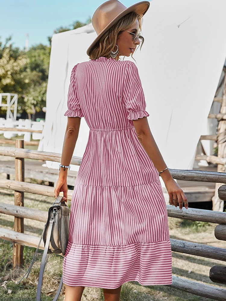 Women\'s Causal Striped Tassel Medium Long Dress V Neck Button Short Sleeve Spring Summer Dress