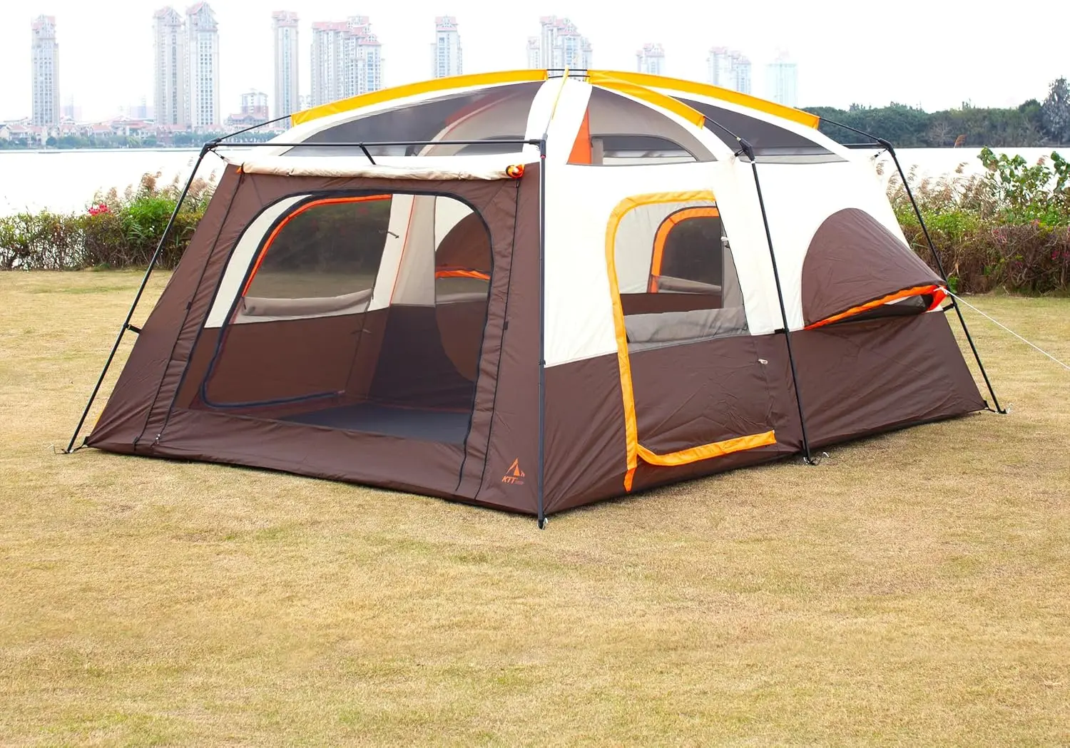 large family camping tent for 12 to 14 people two rooms three doors windows waterproof straight wall double layer outdoor use