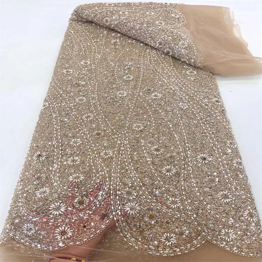 Nuovo tessuto di pizzo africano 2024 tessuto di pizzo a rete francese di alta qualità con perline paillettes tessuti di pizzo nigeriano per abito da sposa