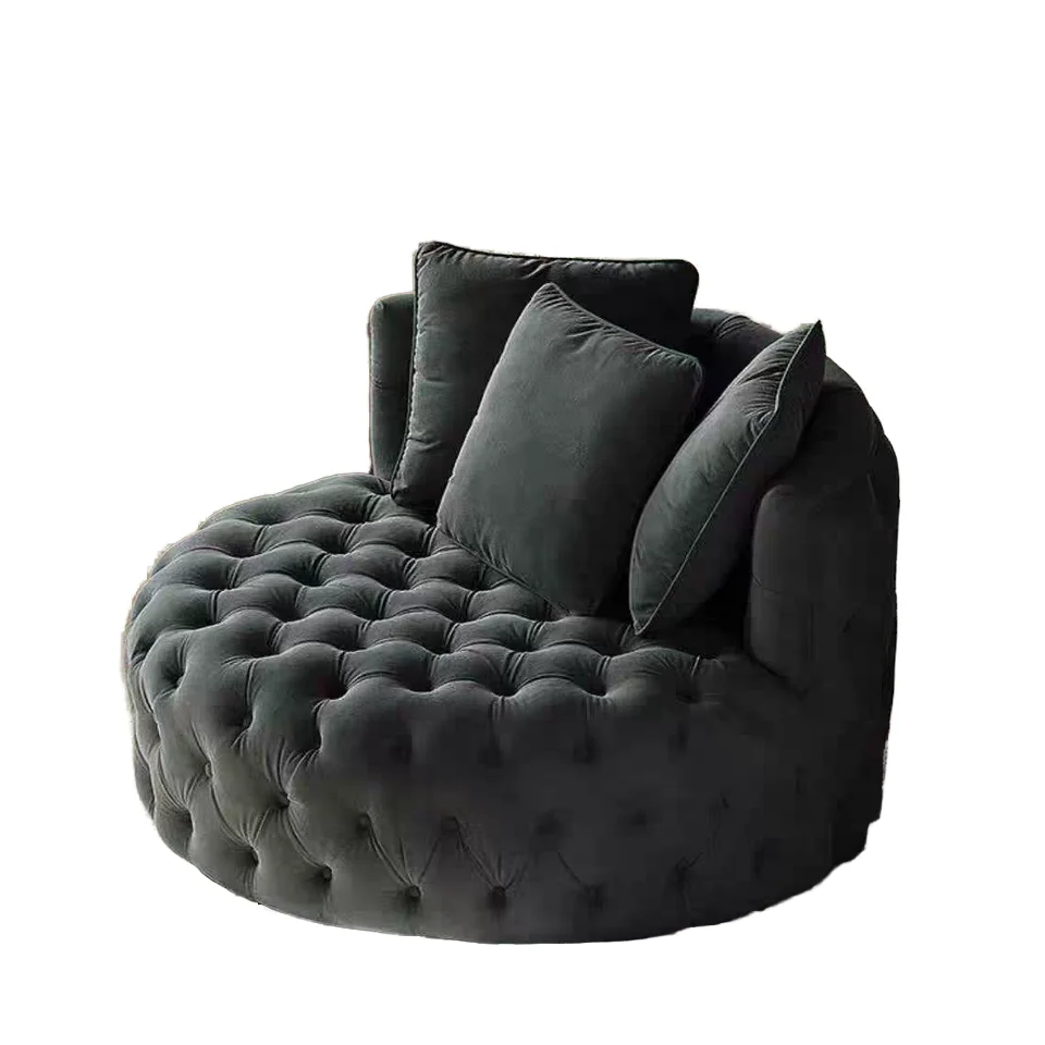 

American Luxury Modern Leisure Chair round Bean Bag with Pull Button Rotate Design Handcrafted Wooden Furniture for Living Room