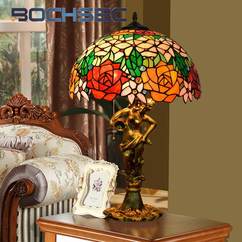 

BOCHSBC Tiffany colorful rose style stained glass desk lamp Art Deco living room dining room study bedroom Hotel office lamp