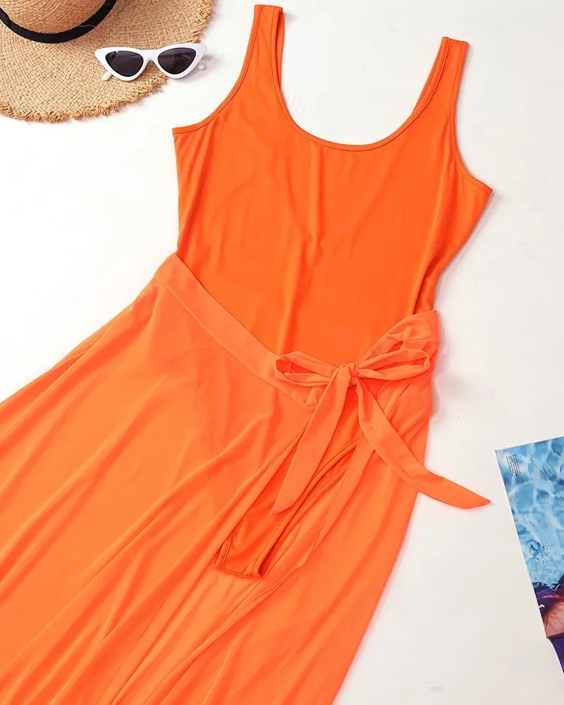 Costume intero con scollo a U con copertura in rete trasparente donna primavera estate costumi da bagno tinta unita costume da bagno