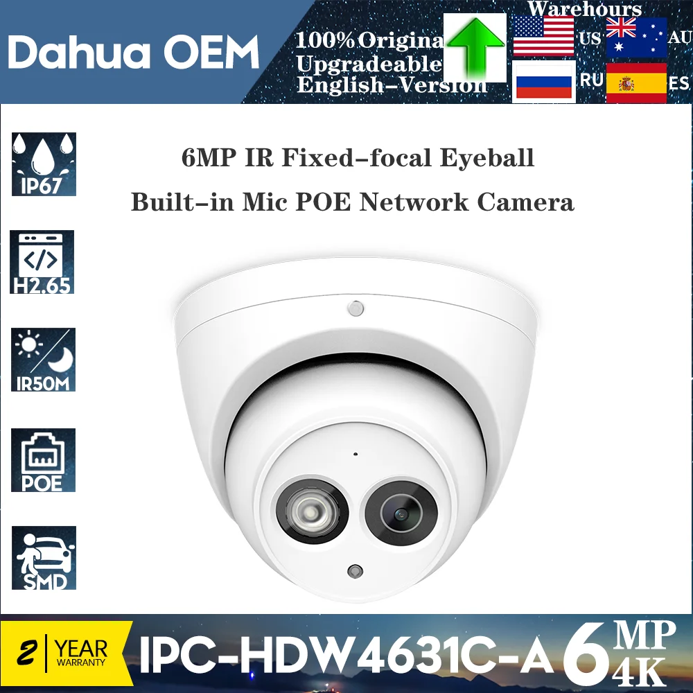 

Dahua OEM replace IPC-HDW4631C-A 6MP IR50M PoE IP Camera Built-in Mic Security Protection CCTV Security Surveillance Camera