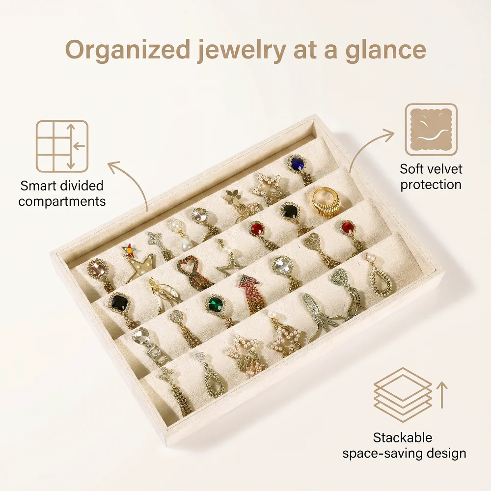 Stackable Beige Velvet Jewelry Tray Multi-grid Organizer for Earrings Rings Necklaces Bracelets Storage Display Box for Drawer
