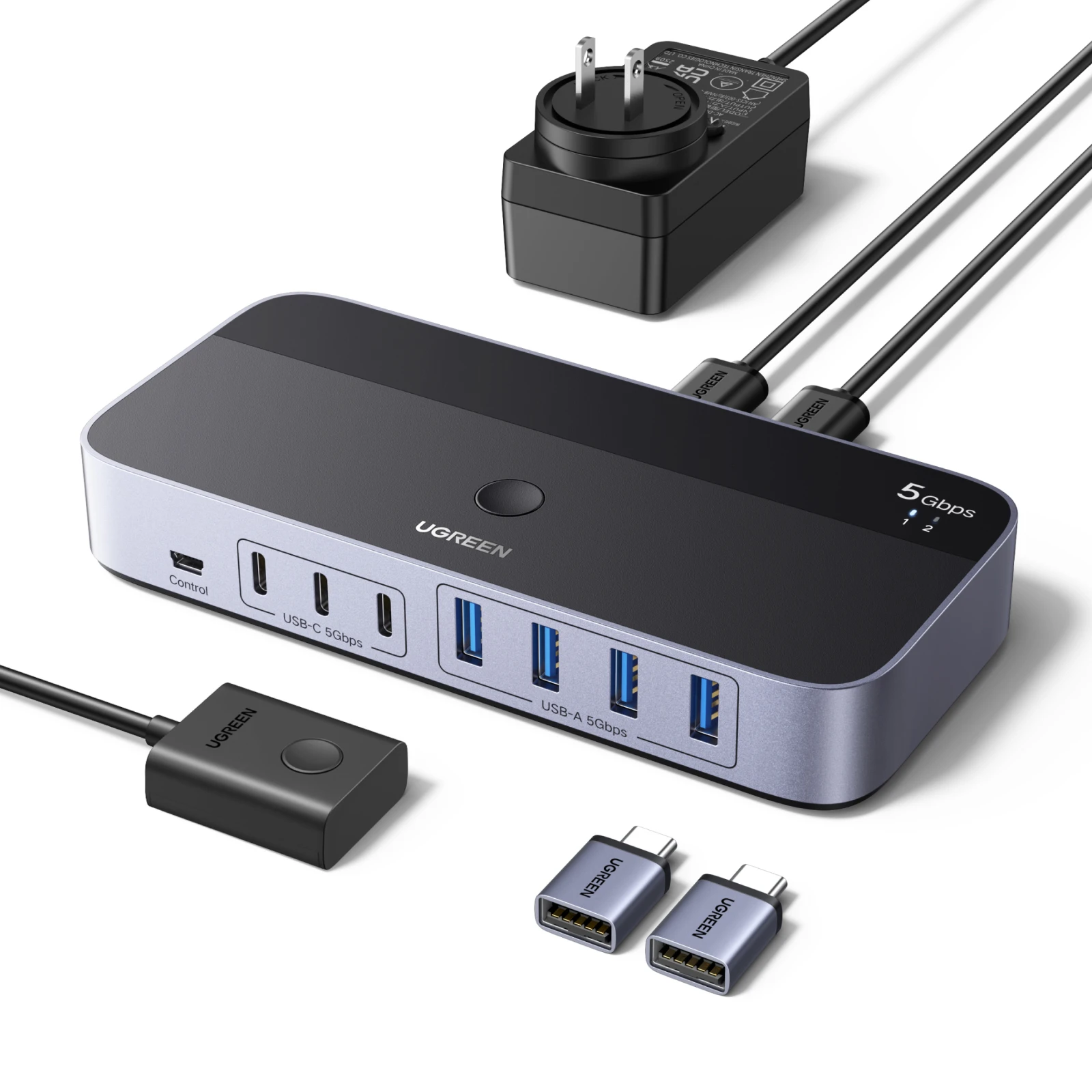 

UGREEN 5 Гбит/с USB 3.0-переключатель для ПК, клавиатуры, мыши, принтера, 2 ПК, совместное использование 7 устройств, USB-переключатель с многотипными адаптерами