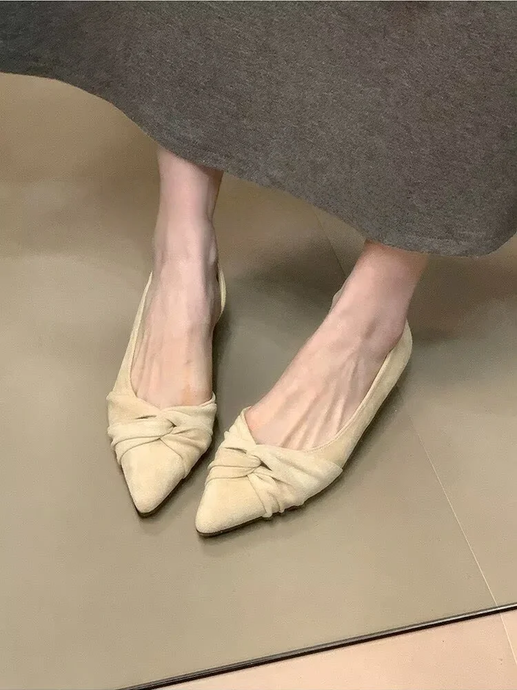 French Retro Twisted Knot Pointed Toe Flats, Soft Suede Slip-on Lazy Shoes, Comfortable Commuter Ballet Flats for Women