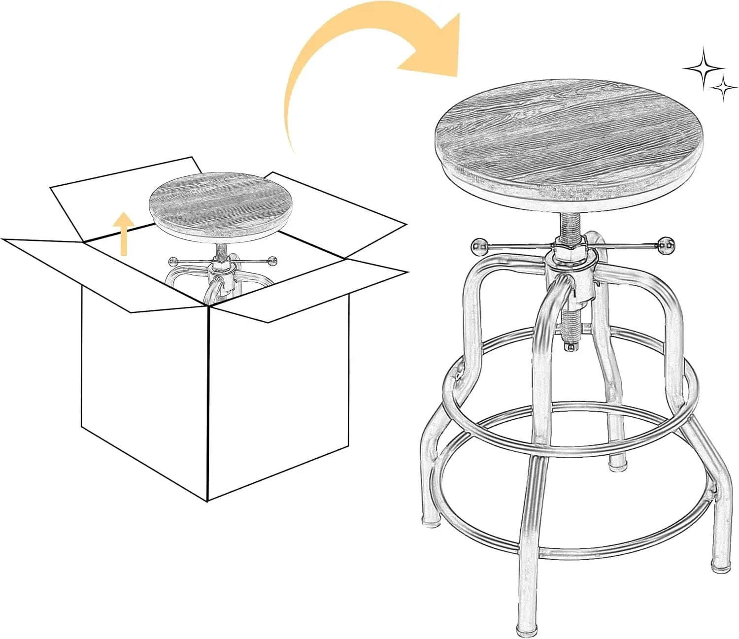 Industrial Bar Stool Vintage Counter Rustic Counter Height Bar  Adjustable Metal Stool with Round Wood Seat Kitchen