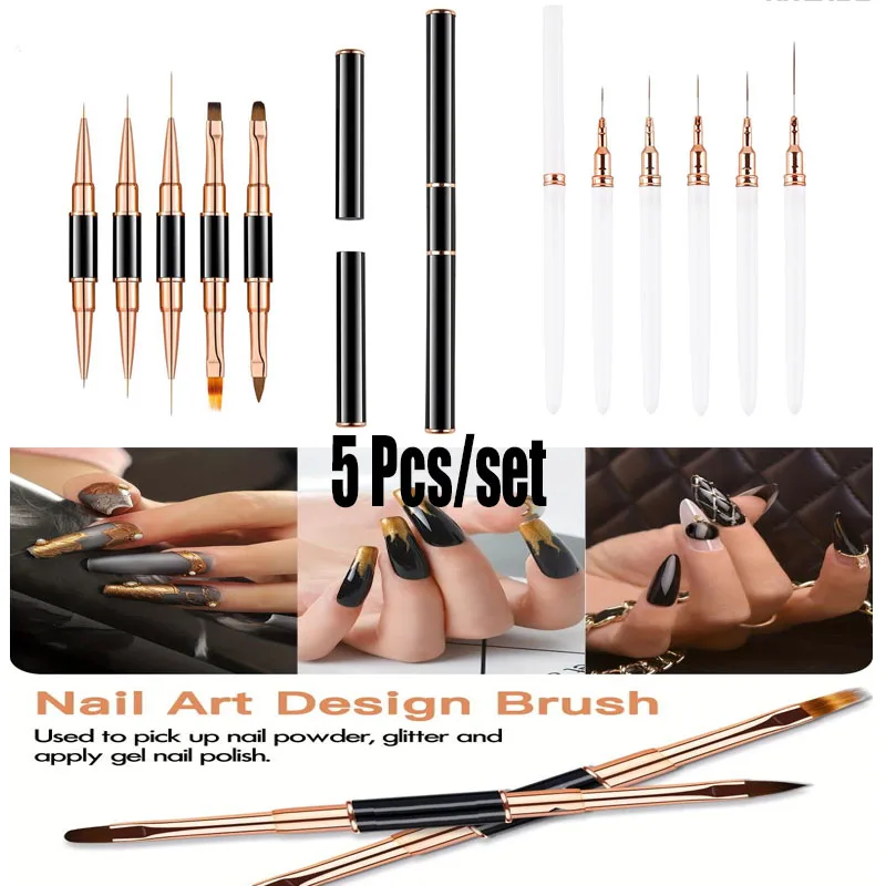 5-teiliges Set Doppelseitige Nail-Art-Pinsel, Liner-Detailpinsel, Dünne Pinsel, Nail-Art-Stift, 3D-Nail-Art-Dekorationen für DIY-Maniküre zu Hause
