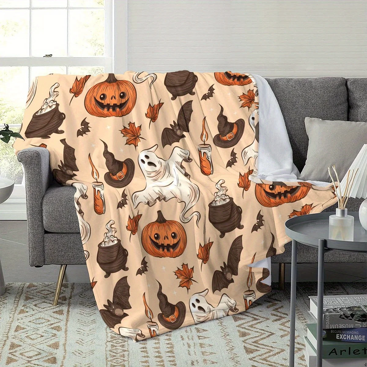 1pc Spooky Pumpkin Ghost Plaid Flannel Throw Blanket Soft All Season Decorative Blanket Machine Washable Bedroom Living Room Hom