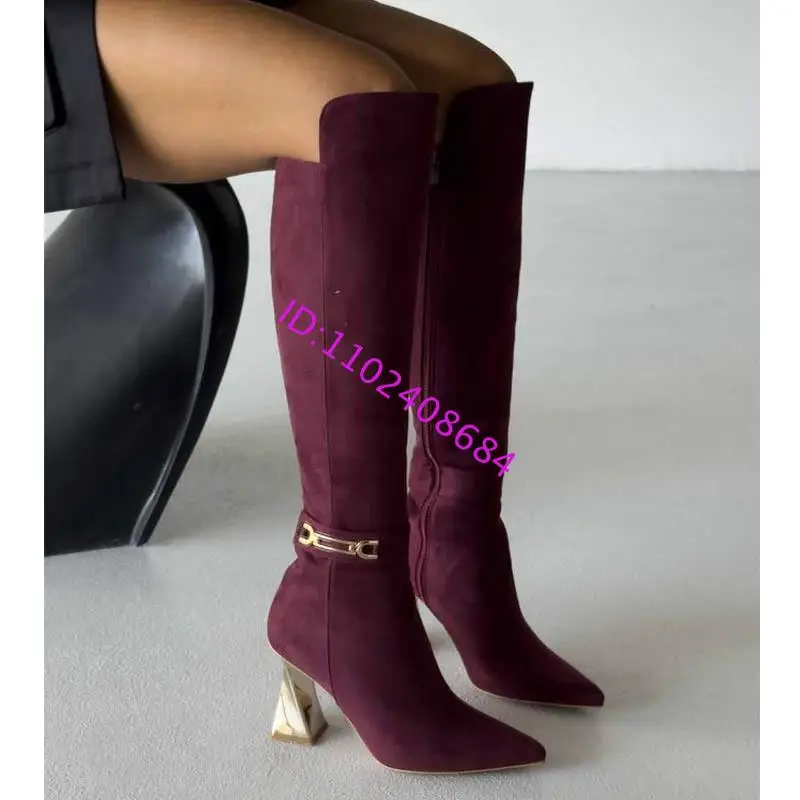 Design Women High Heel Knee Boots Pointed Toeb Metallic Trim Side Zip Over-The-Knee Boots