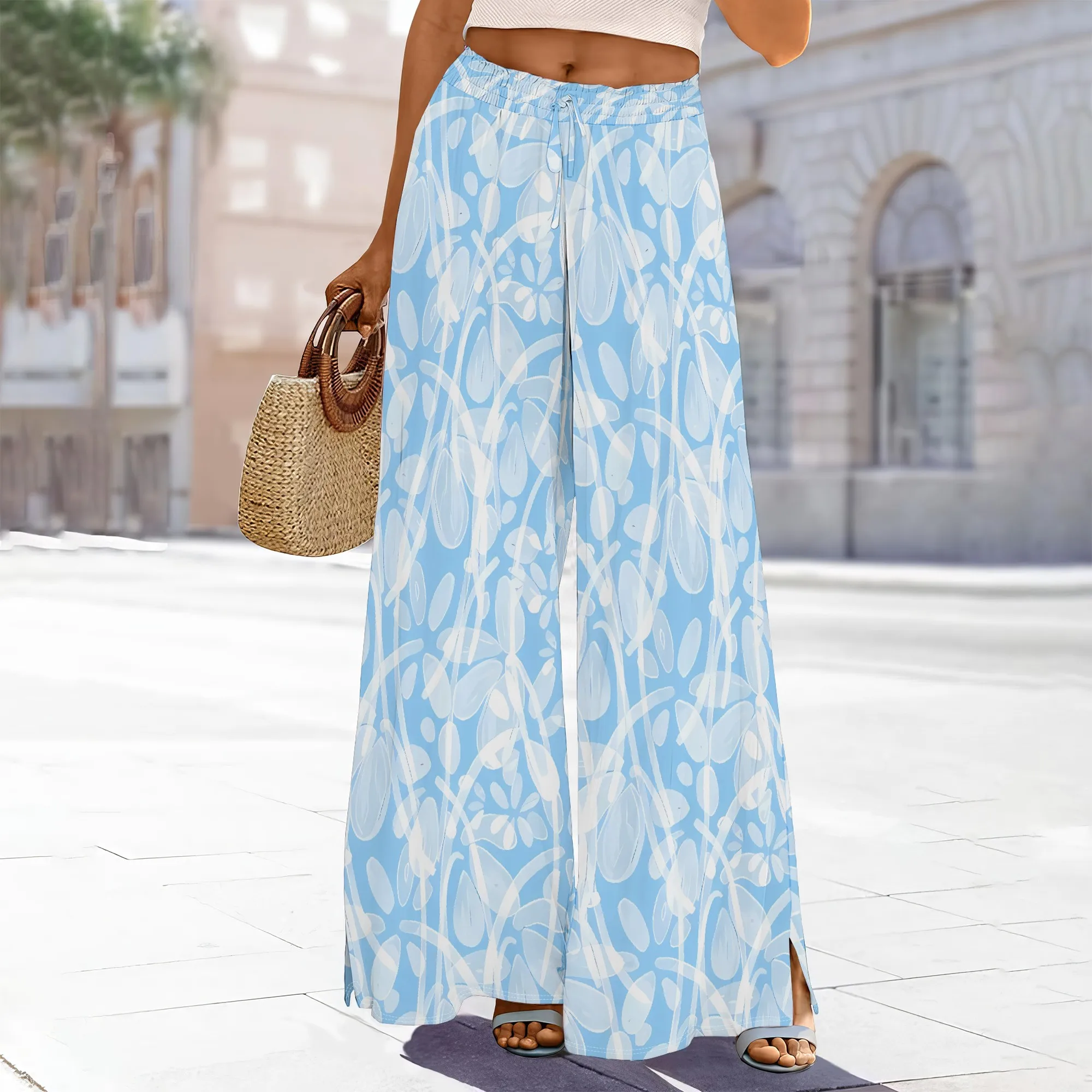 

Women's High-Waisted Floral Wide-Leg Pants Adjustable Waist Pockets Back Slit Polyester Winter Cozy