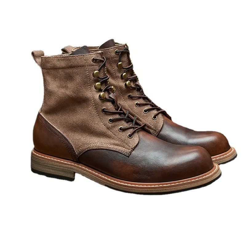 Lynjacye Leather Fur Mens Casual Boots Mid Cut Round Toe British Style Ankle Boots Lace Up Women Motorcycle Boots