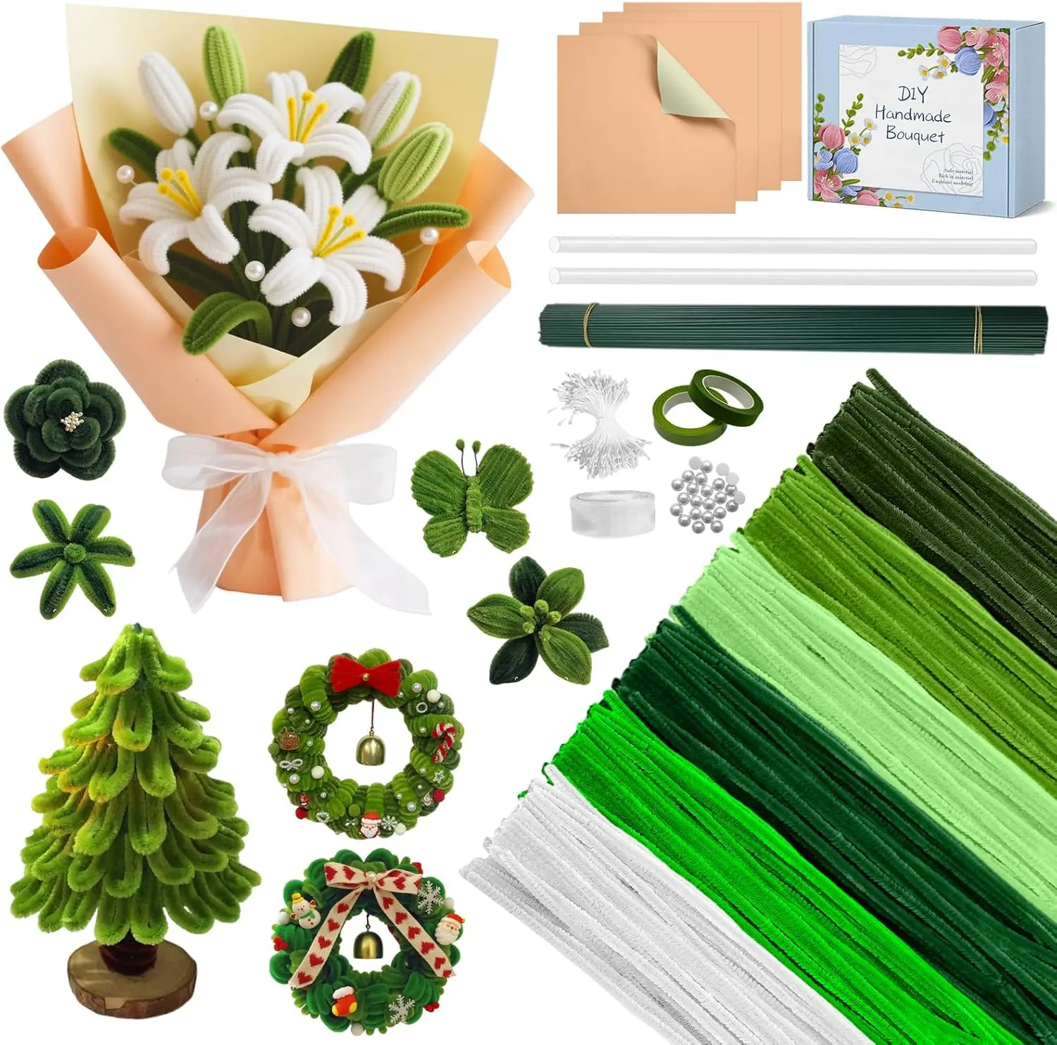 

630 Pcs Pipe Cleaner Craft Kit, 500 Green with 6 Color Chenille Stems for DIY Art Flower Party Decoration