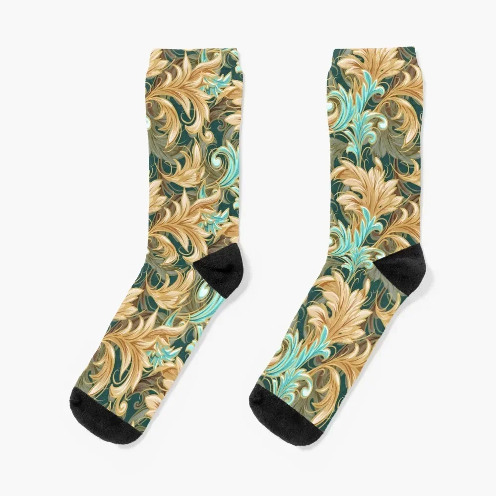 Rococo Bliss Pattern | Deep Cool Green + Teal + Cream Socks floral anime Wholesale Women Socks Men's