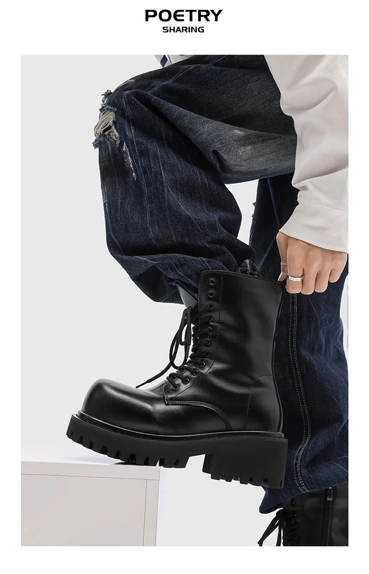 NEW Motorcycle Women's buckle Boots Winter Leather Shoes Black Botas Wedges Female Lace Up Platforms Women White Botas Mujer