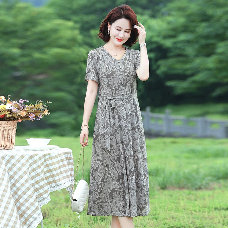 新しいミディアム丈痩身フラワープリントドレス夏の母親の服装 V ネック半袖プリント A ラインスカート