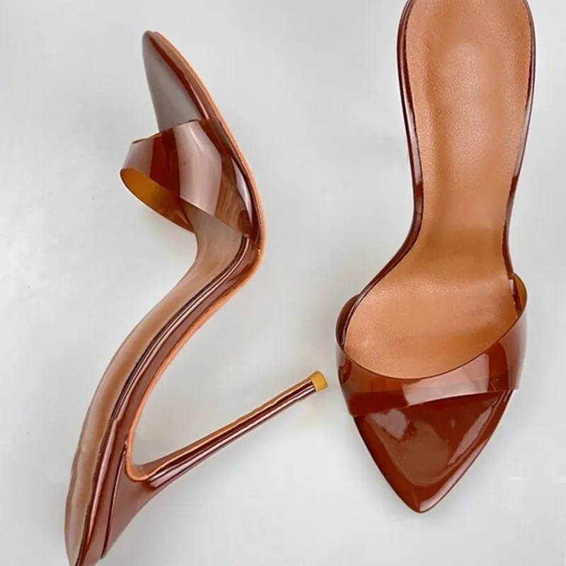 Sexy Pointy Color Pvc Slippers High Heel Sandals Women Brown Purple Green Stiletto Heels Lady Shoes Female Big Size 43 45