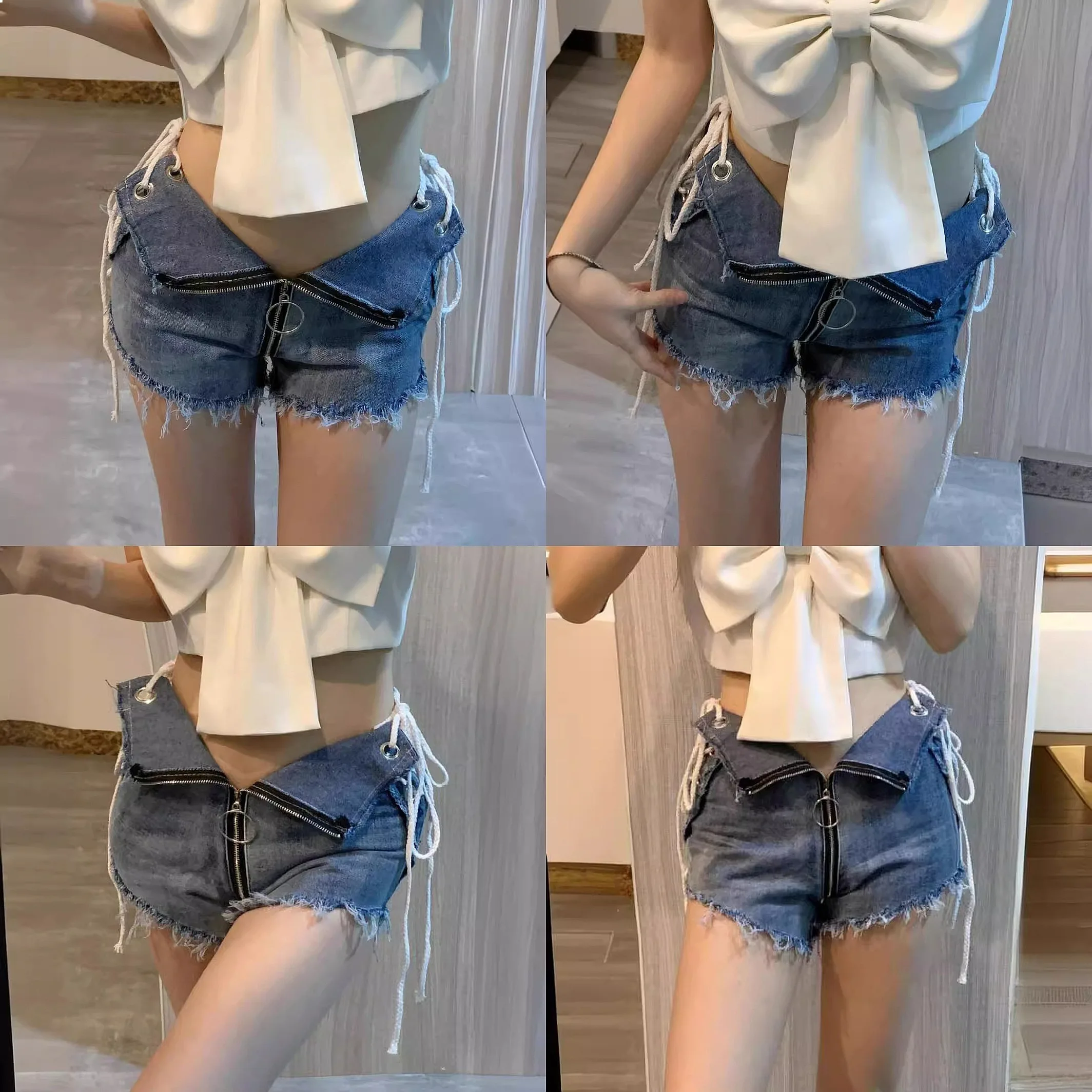 

European American Summer Fall High Waist Design Slimming Denim Shorts Women Sexy Tie Up Jeans Hot Pants