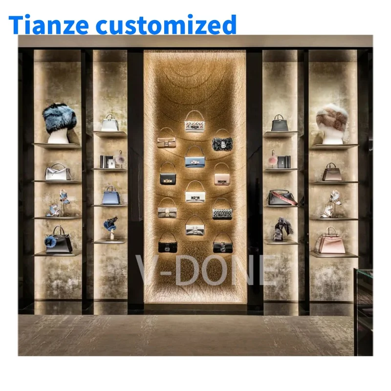 

[Customized] fashionable show handbags stand display lady bags wooden showcase handbag store fixture bags shop interior desi