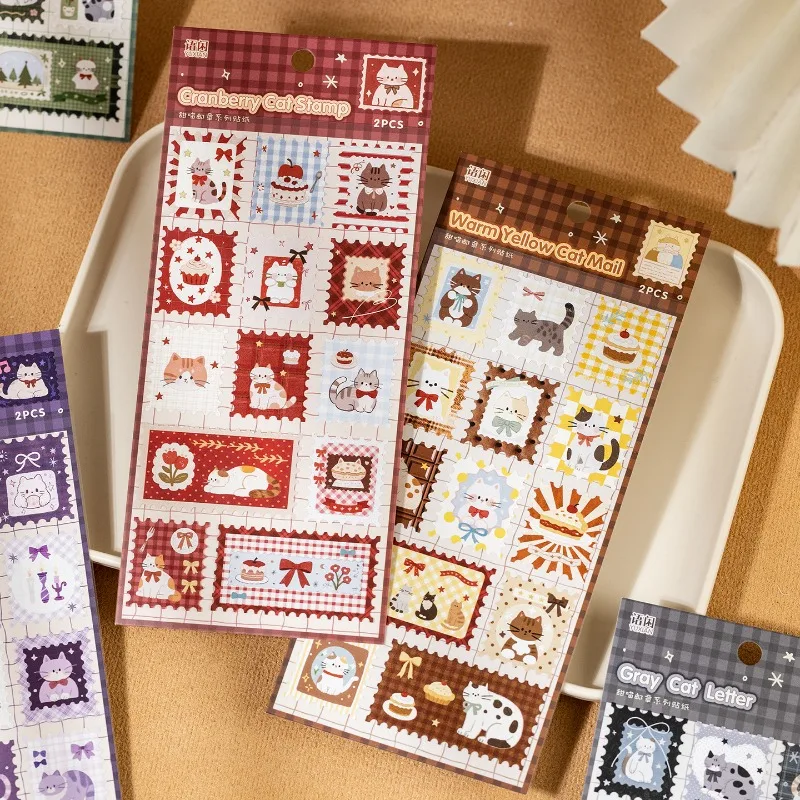 

2pcs/set Sweet Postal Stamp Vintage Cat Stickers Retro Kitty Decals for Journaling DIY Collage Sealing Sticker Pack for Envelope