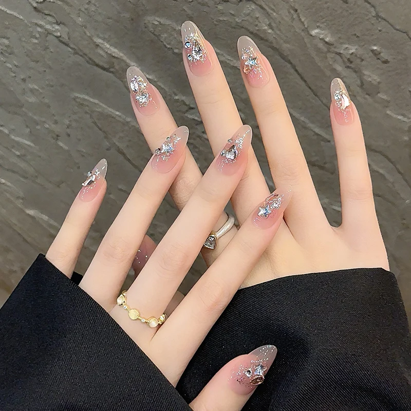 10 stuks naakte kleur druk op nagels glitter ster maan strass decoratie nepnagels lange amond draagbare manicure nageltips