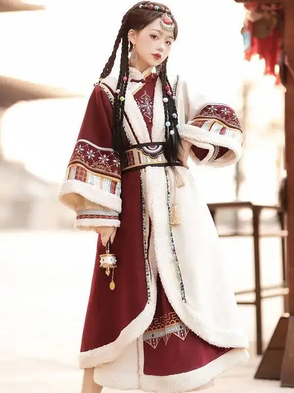 

Женское осенне-зимнее улучшение Hanfu, платье этнических меньшинств, красный костюм в китайском стиле, тибетская одежда