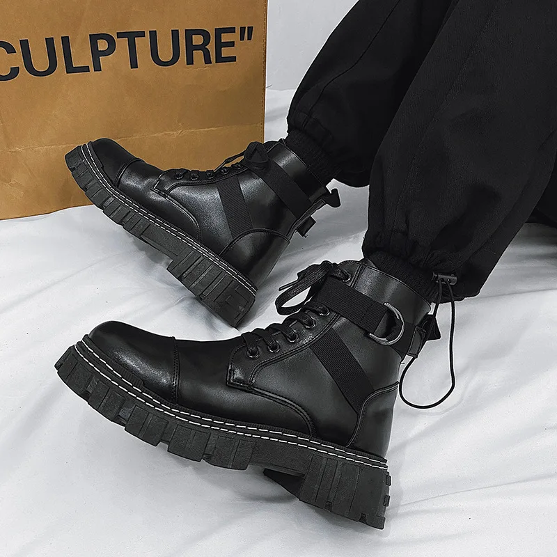 

Men's boots 2025 new men's shoes black leather high top British style motorcycle boots work boots