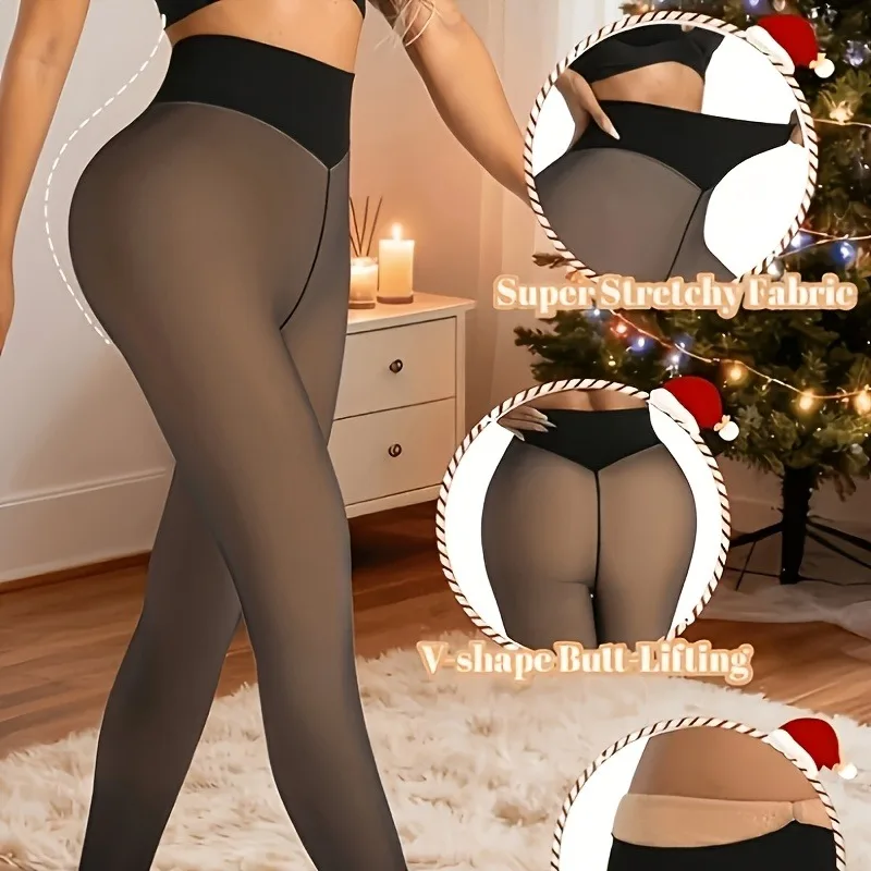Plus Size Thermal Tights For Women Autumn Winter Thicken Fleeced Lined Leggings Pantyhose High Waist Elastic Translucent Tights
