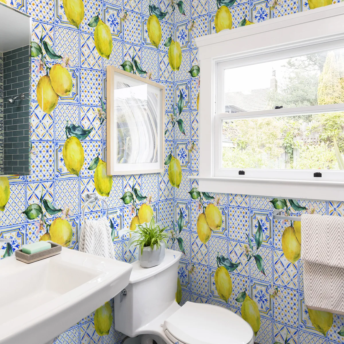 Lemon & Blue Wallpaper - Fresh Citrus Peel & Stick Decor for Living Room & Shop Interiors