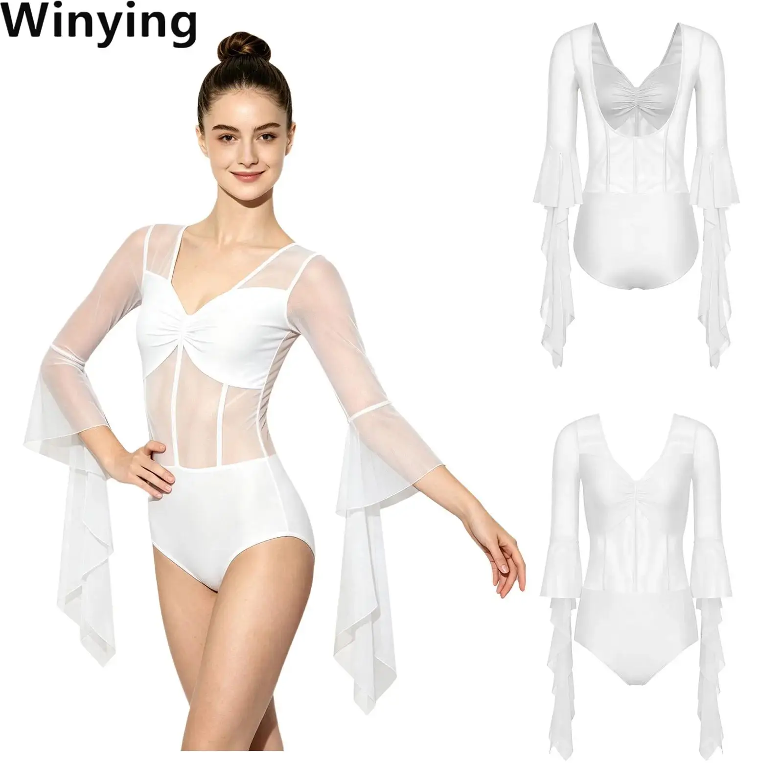 Women Latin Dance Leotard Ruched Front V-neck Draped Sleeves Backless Mesh Patchwork Bodysuit for Performance