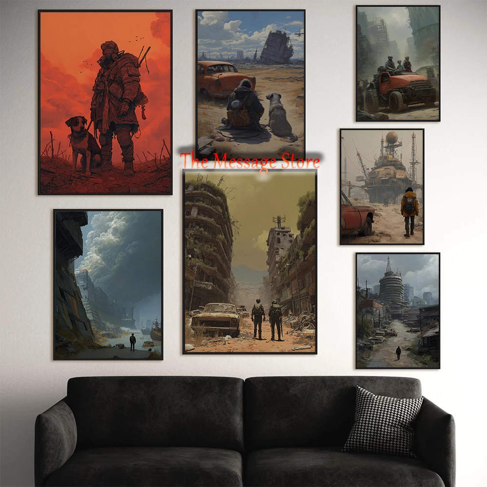 Apocalyptic Survivor Poster Sci-Fi Wasteland Illustration Dystopian City Retro Future Survival Poster Canvas Painting Pictures
