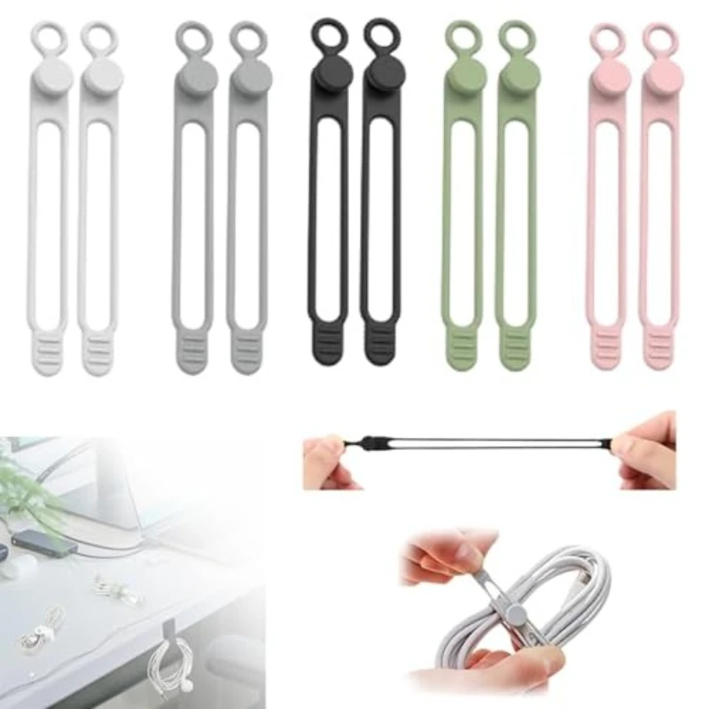 Cable Organiser Reusable Silicone Cable Ties Desk Winder Wire Management Clips for Earphone USB Cord Mouse Home Office Travel
