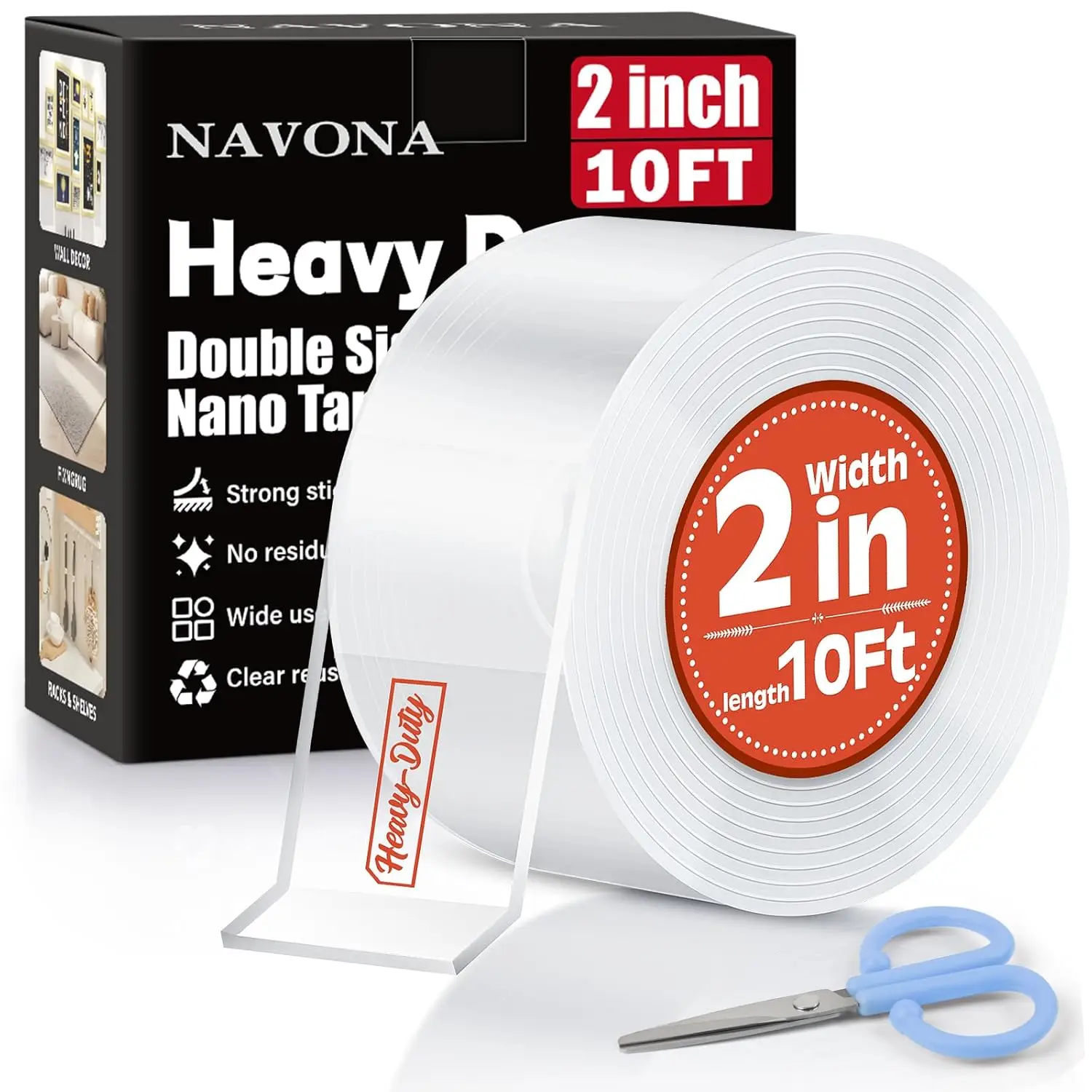 Double Sided Nano Tape 2in x 10ft, Heavy Duty Removable Transparent Mounting Tape for Walls, Home, Office, Kitchen, Multipurpose