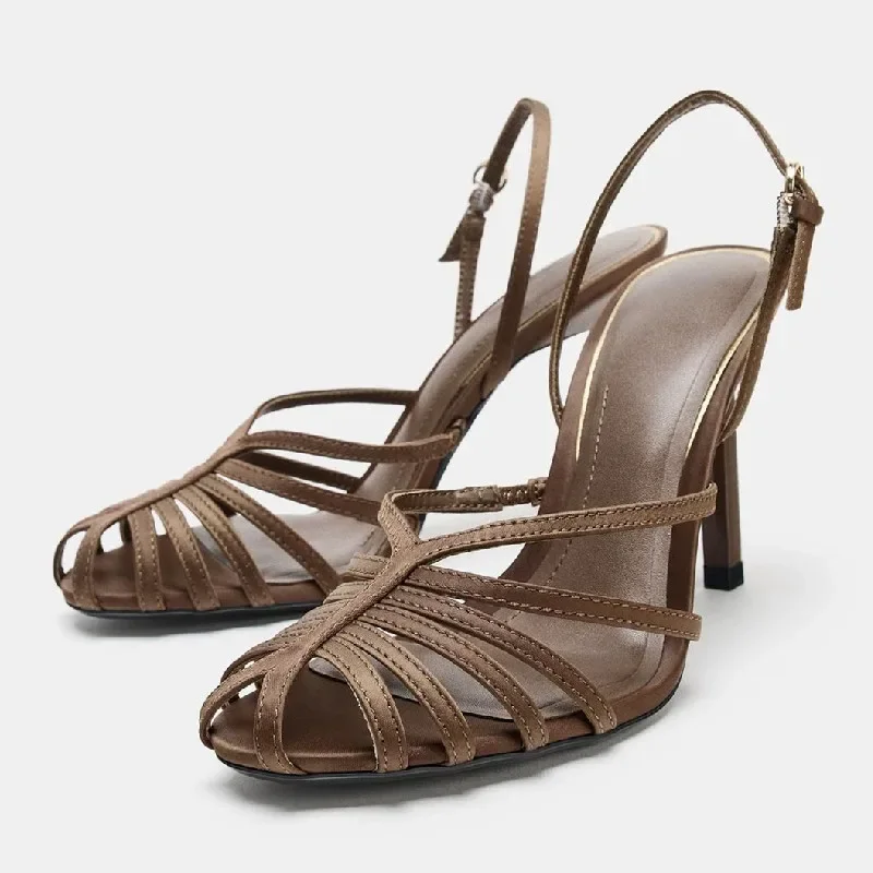 

Luxury Brand Designer High Heel Sandals Women Sexy Hollow Narrow Band High Heels Elegant Back Strap Buckle Slingback Dress Shoes