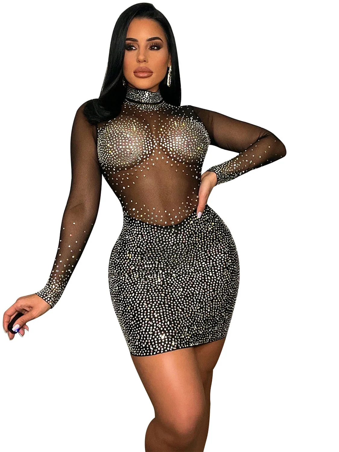 

Sexy Mesh Rhinestone Short Prom Dress See Through Outfits Night Club Evening Gowns For Women Party Diamond Bodycon Mini Dresses